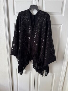 Black Sequin Fringe Poncho Shrug